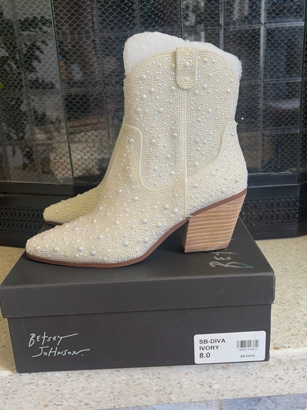 Betsey Johnson Ivory Pearl-Embellished Western Ankle Boots Brand New Never Worn